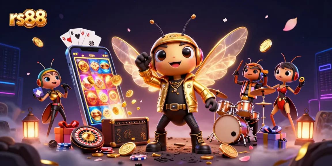 Join the excitement at rs88 with a lively rock star cicada and a beetle drummer, surrounded by vibrant casino elements!