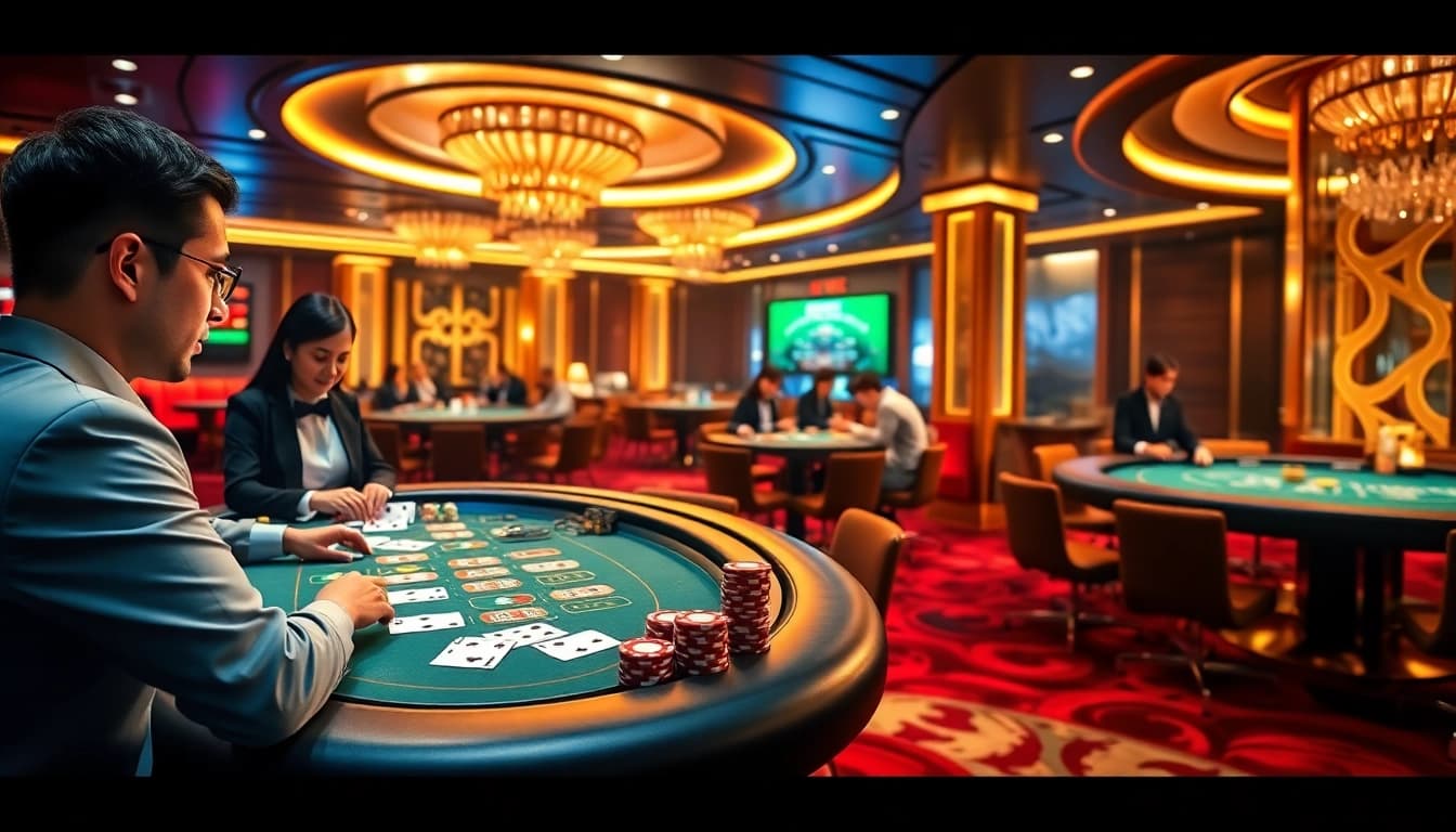 Cảnh sống động tại Nhà cái JD88 với các trò chơi có người chia bài trực tiếp, chip poker và khung cảnh sang trọng.