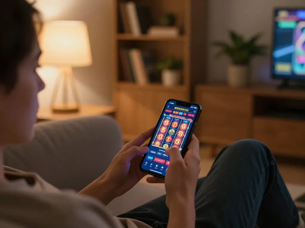 Engaging with the luck8 app for online gaming on a smartphone in a cozy home setting