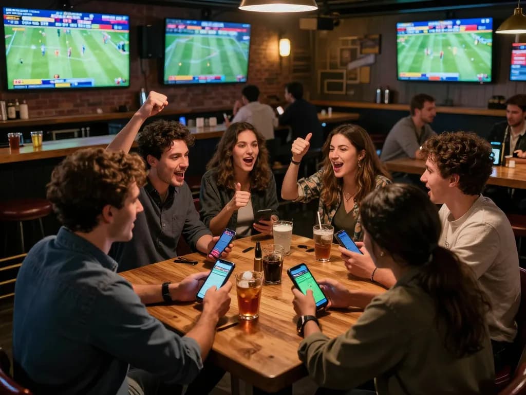 Socolive fans engaging in sports betting at a lively bar, reviewing odds and cheering on live matches.