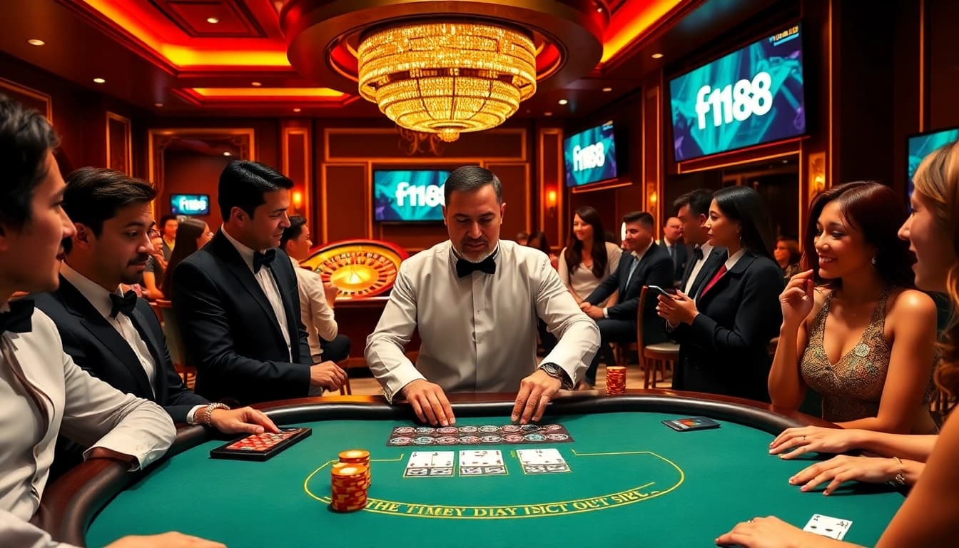 Engaging gambling scene featuring f168 logo amid excitement at a luxury casino blackjack table.
