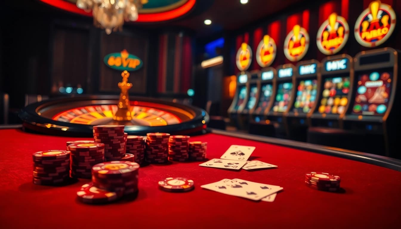 Experience thrilling gambling moments at 68VIP's luxurious casino setup, featuring vibrant gaming tables.