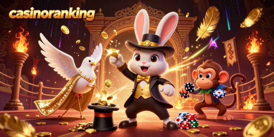 Engage with casinoranking through a vibrant 3D casino scene with characters winning poker chips.