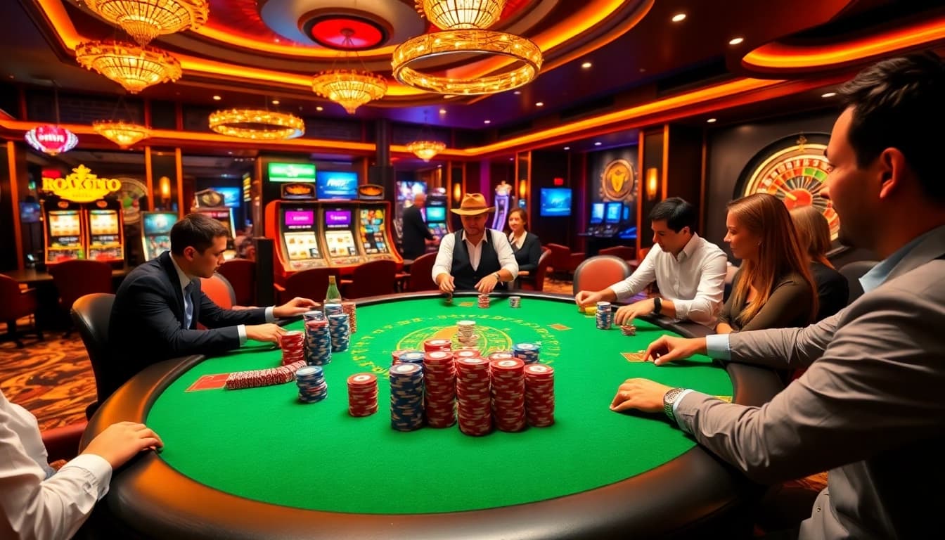 Players engaging in poker at a vibrant table, linked to https://fo88.ltd/ for professional gambling excitement.