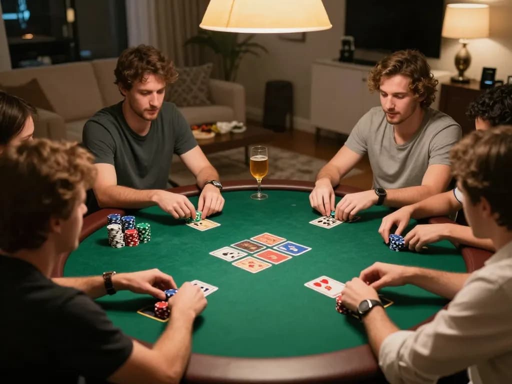 Players strategizing during a private poker night featuring hm88-inspired gaming elements, creating a vibrant atmosphere.