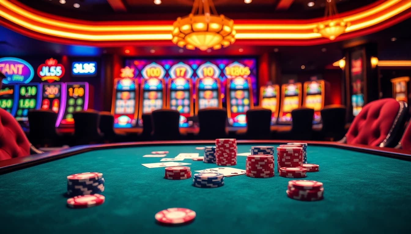 Experience the thrill of casino gaming at https://www.jl55.club/ with vibrant poker chips and luxurious slot machines.