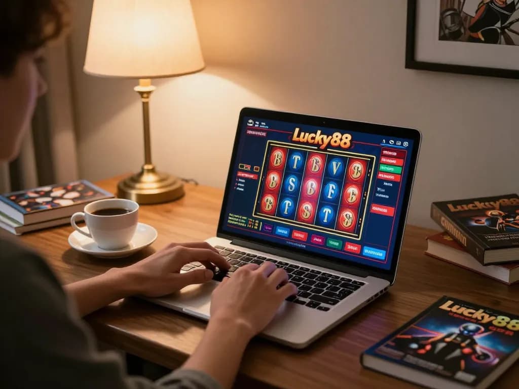 Engaged player using laptop at Lucky88 Casino for online gambling, showcasing a strategic gaming environment
