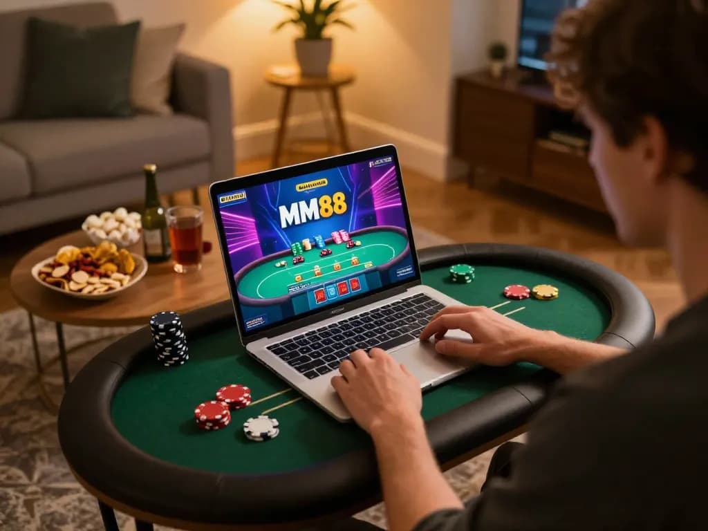 Engaging in online poker gaming at MM88, showcasing vibrant interface on a laptop.