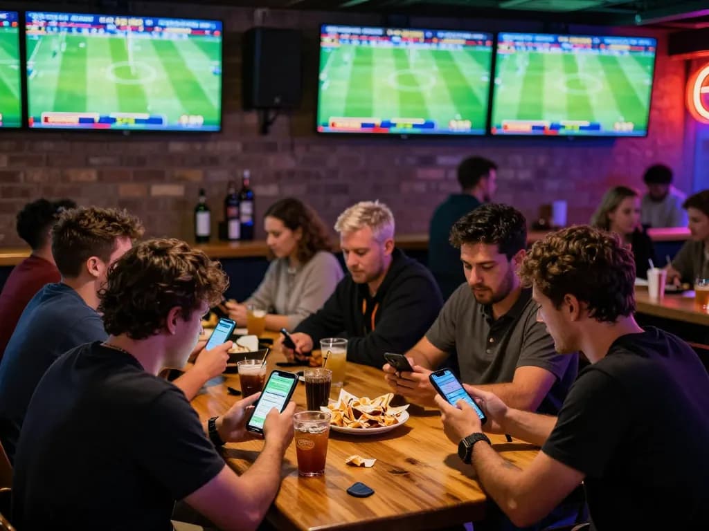 Football enthusiasts engaging with 188bet betting app in a lively sports bar atmosphere.