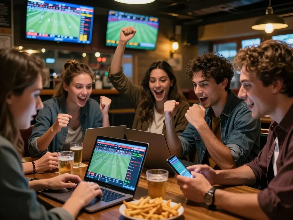 Tỷ lệ bóng đá displayed on devices as friends strategize in an exciting sports betting environment.