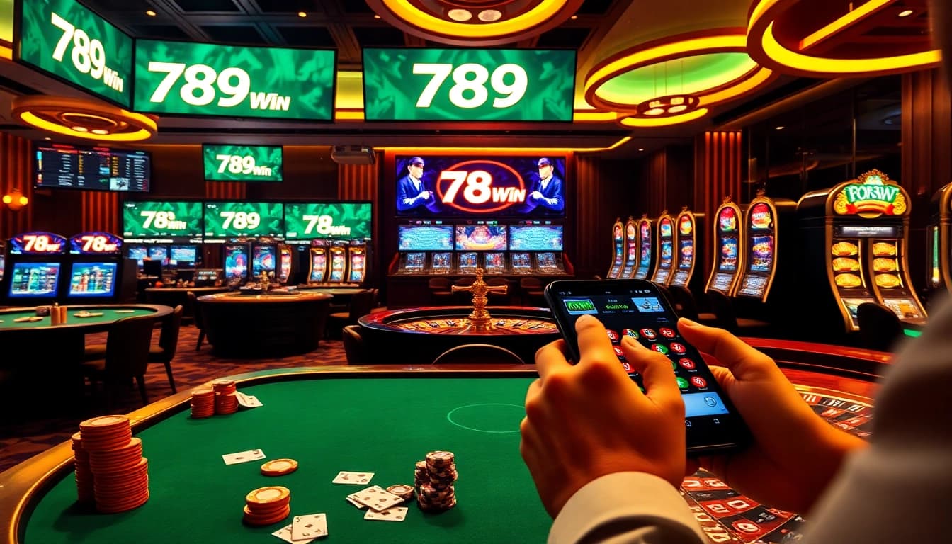 789Win engaging players with live poker tables, betting slips, and vibrant slot machines in a high-end casino setting