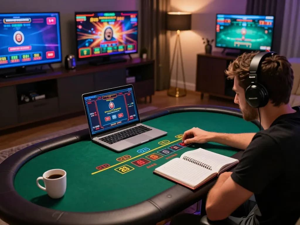 DEBET player engaging in live Blackjack game on a laptop, showcasing strategic gameplay in a stylish home.