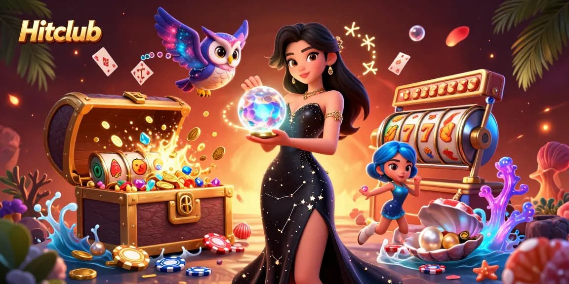 Hitclub enhances gameplay with a dazzling casino scene featuring slot reels and treasure.