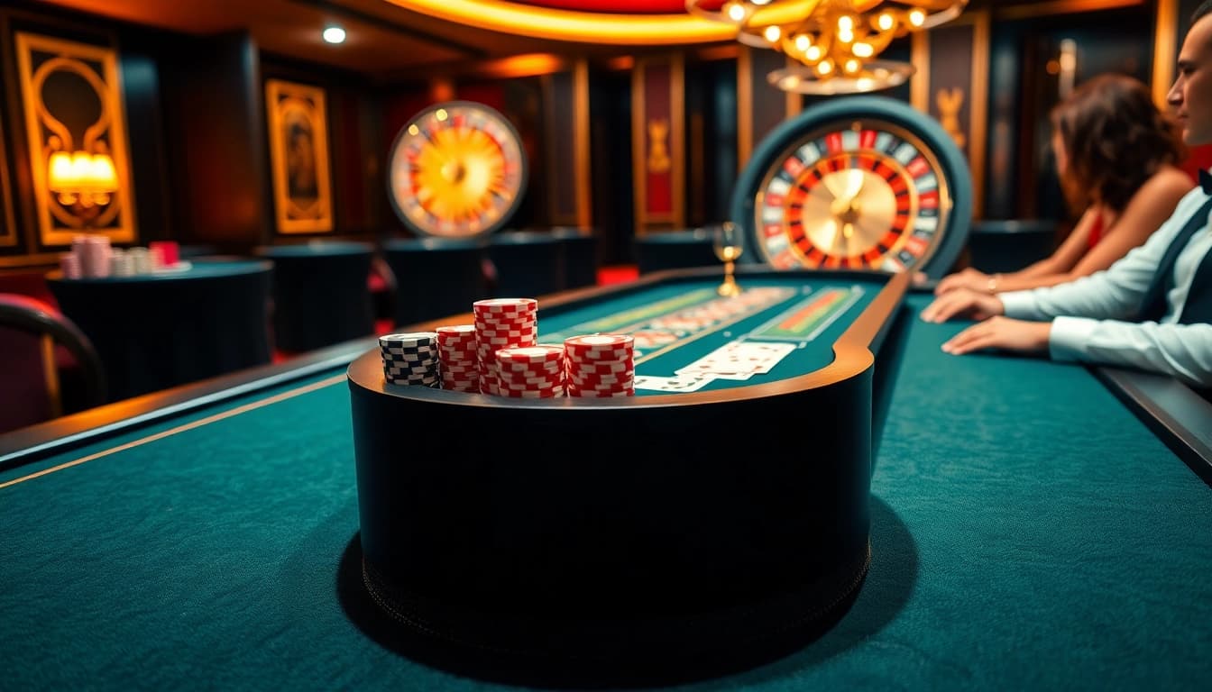 Players enjoying KP88 at a vibrant casino table with poker chips and cards.