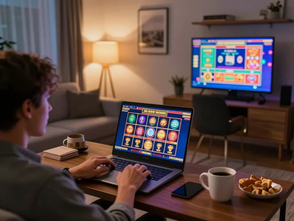 Player enjoying may88 slots on a laptop in a stylish home setup, illustrating online gaming excitement.