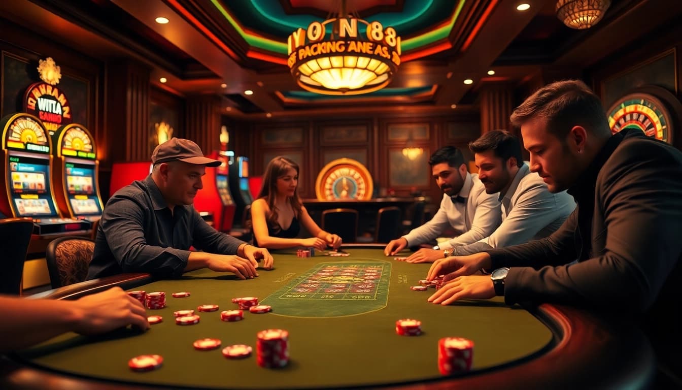 Exciting gameplay at NN88 casino with poker chips, players, and roulette wheel in view.