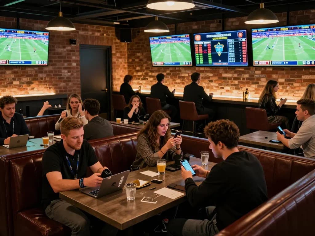 Kèo nhà cái displayed on large screens in a vibrant sports betting lounge with enthusiastic fans.