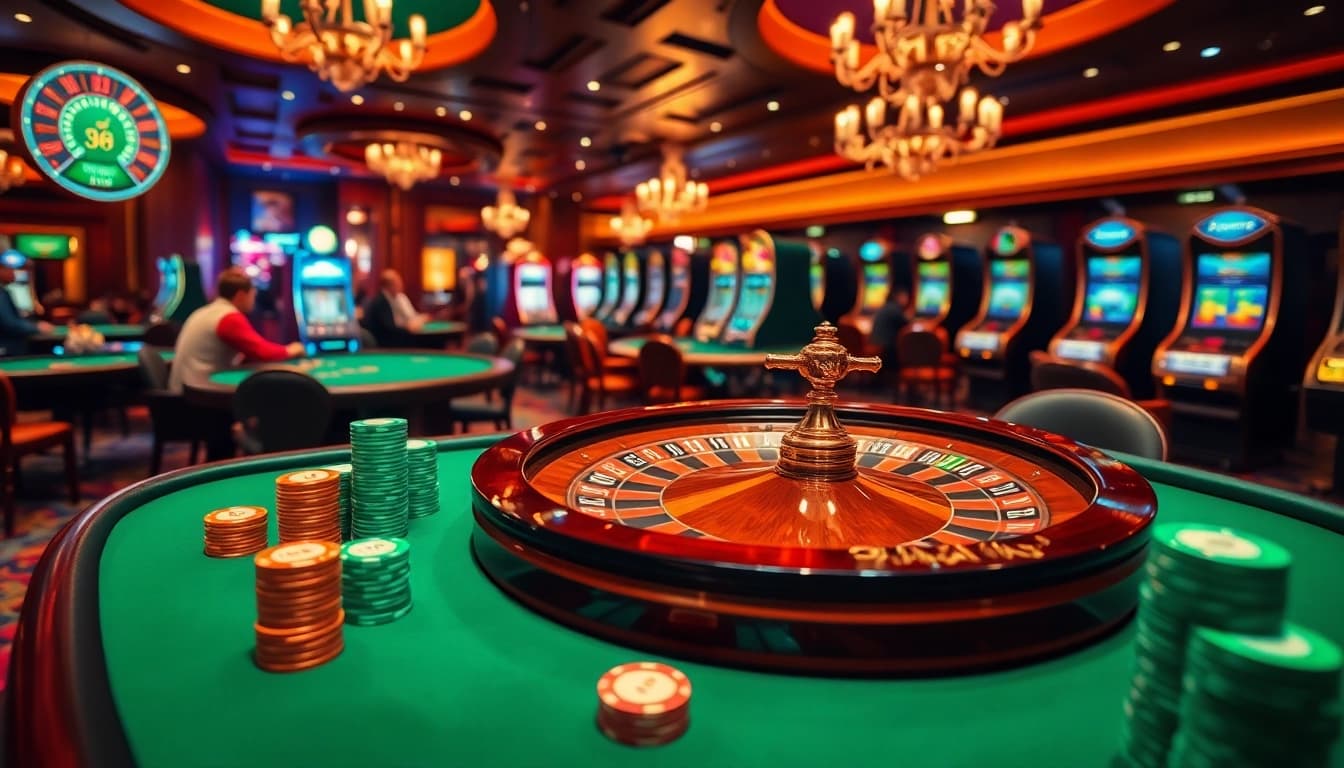 Experience the excitement of 98win in a vibrant casino scene featuring tables, roulette, and slot machines.