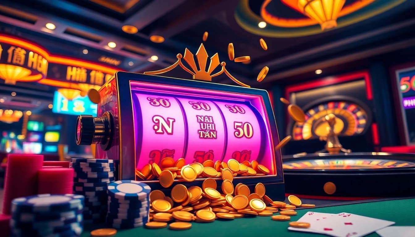 Nổ Hũ Uy Tín slot machine surrounded by poker chips and cards in a lively casino scene