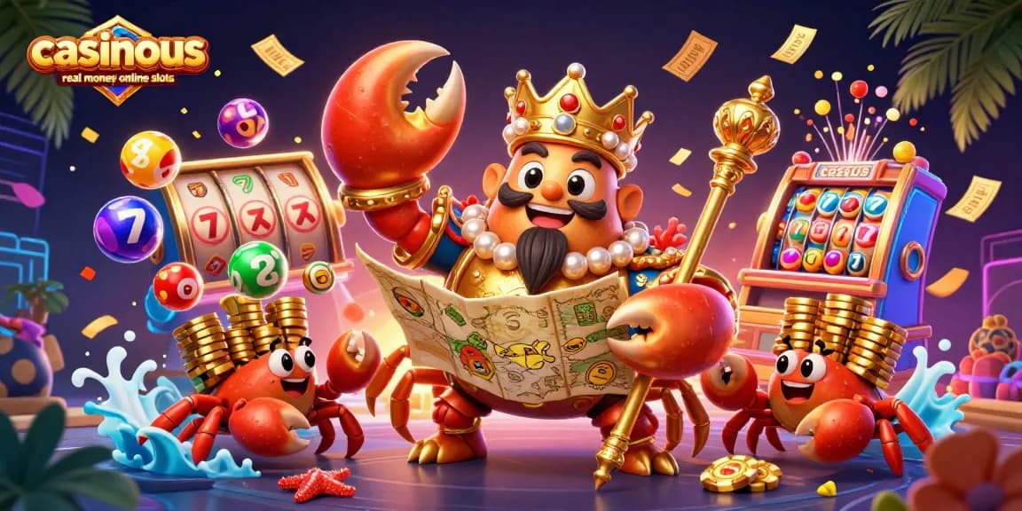 Spin and win with casinous real money online slots, featuring a golden crab emperor amidst vibrant casino elements.