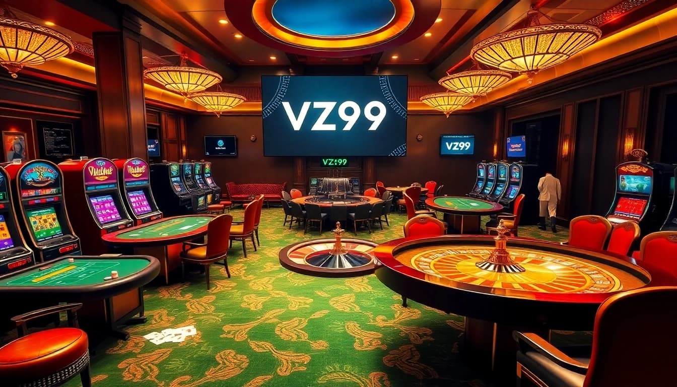 Experience the thrill of gambling at VZ99 with vibrant casino tables, spinning roulette wheels, and lively players.