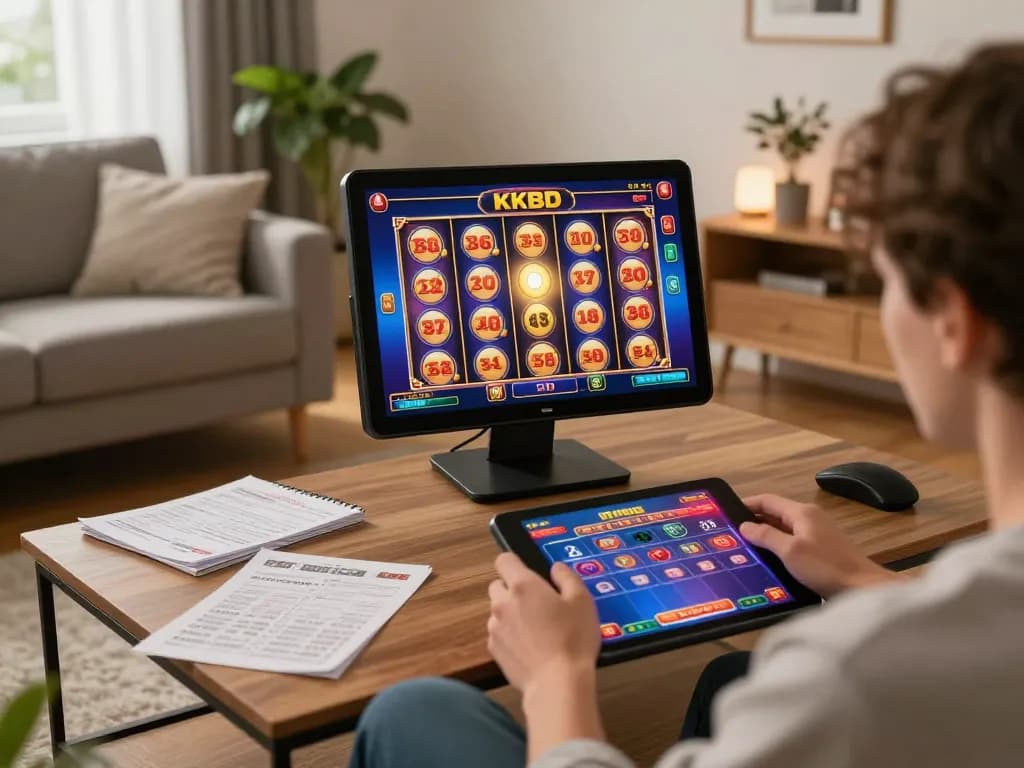 Player engaging in exciting online slots at KKBD on tablet in cozy living room setting.