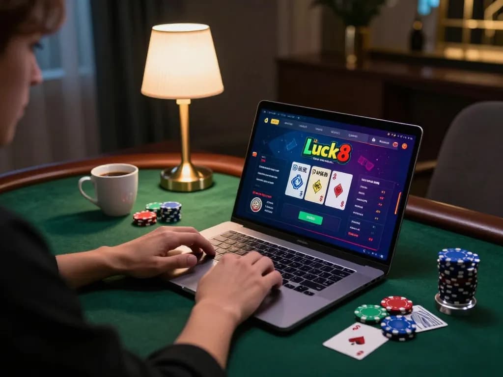 Luck8 player engaged in online casino gaming with cards and chips on screen, modern cozy setup.
