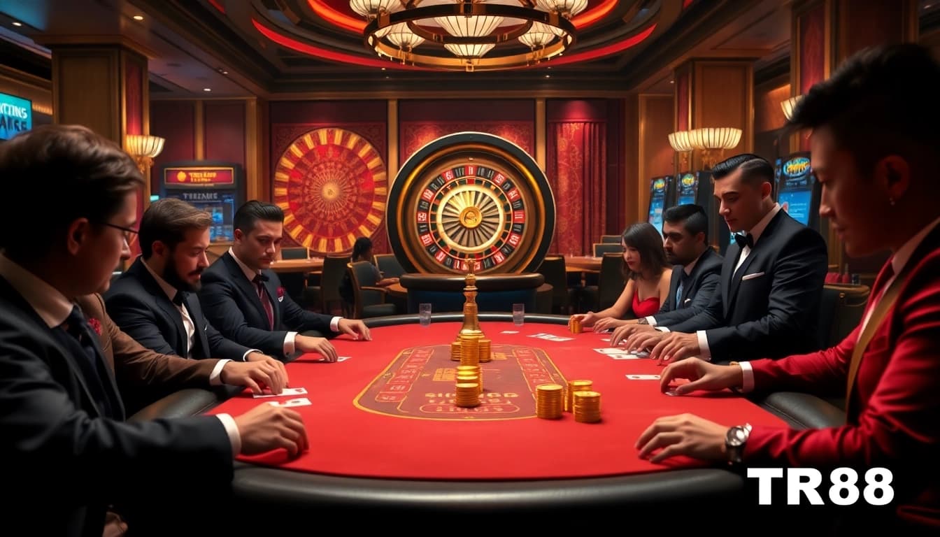 Experience the thrill of gaming at https://mtr888.com/ with a high-stakes poker table and golden chips.