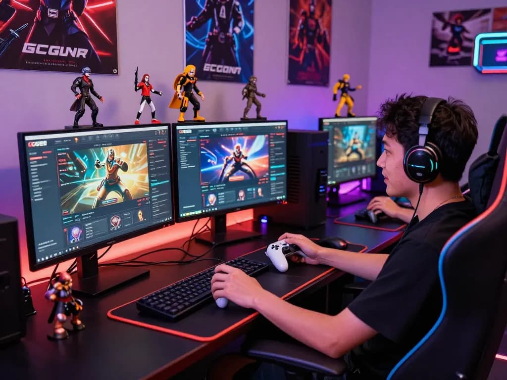 Gamer engaging in GG88 online betting with multiple screens, gaming setup, and esports decor.