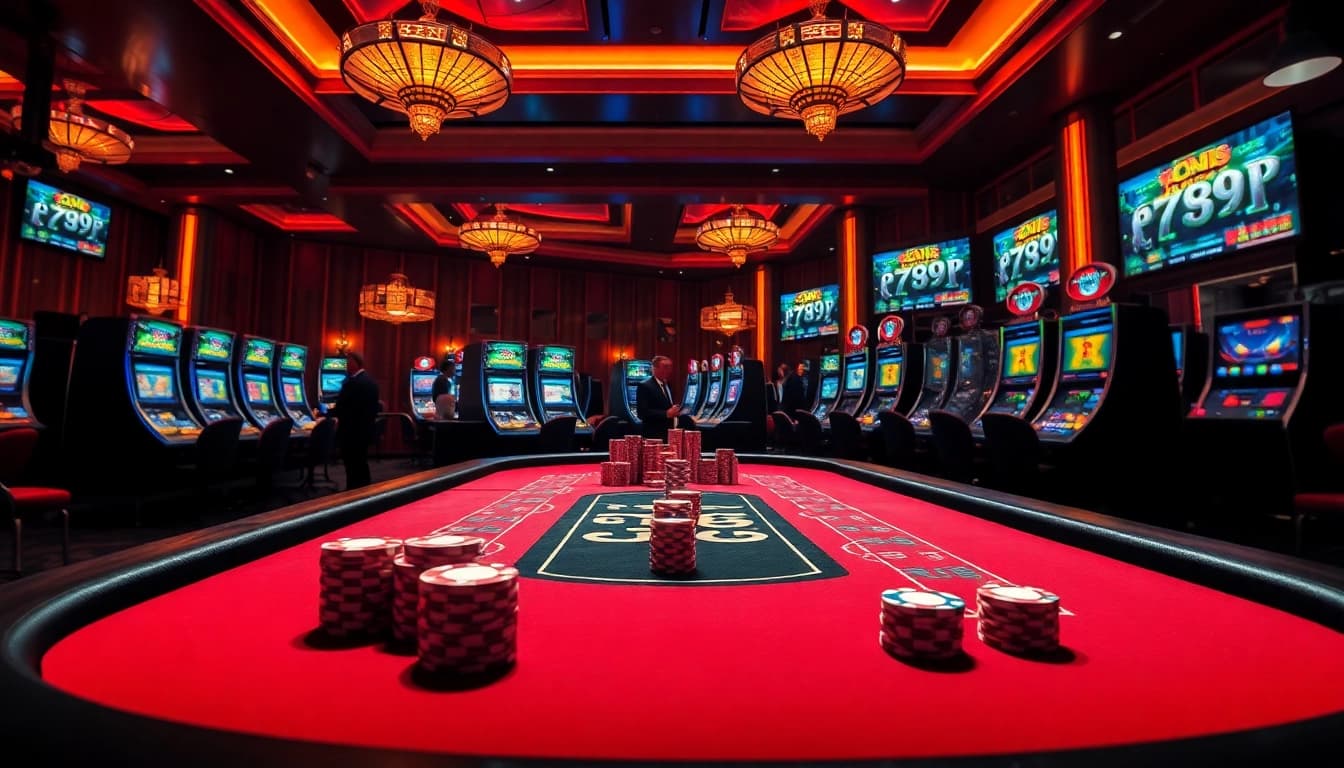 Exciting casino scene with luxurious gaming table, chips, and online gambling interfaces showcasing 789p.