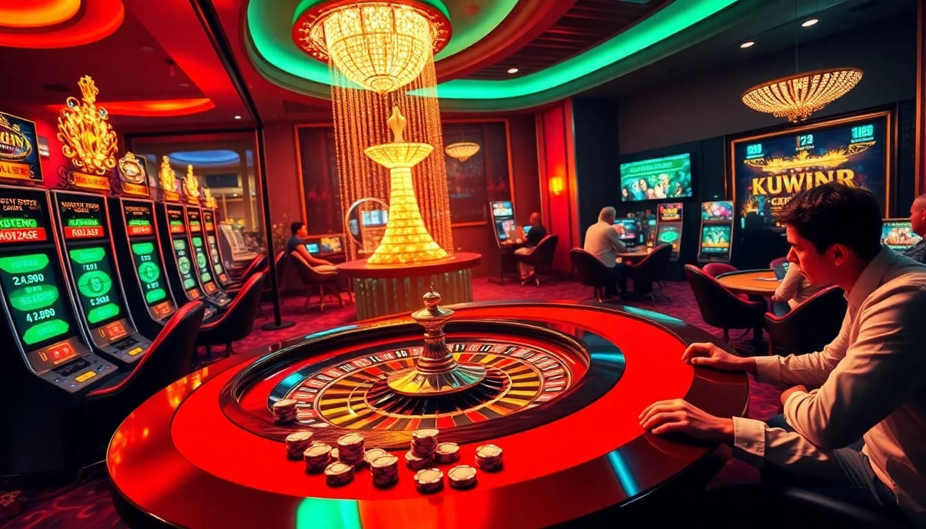 Kuwin casino scene showcasing vibrant online gambling with slot machines, poker chips, and roulette.