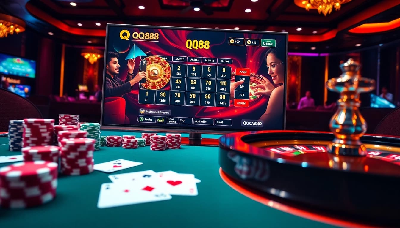 Players engaging with QQ88 online gaming on a modern casino interface, showcasing excitement and luxury.