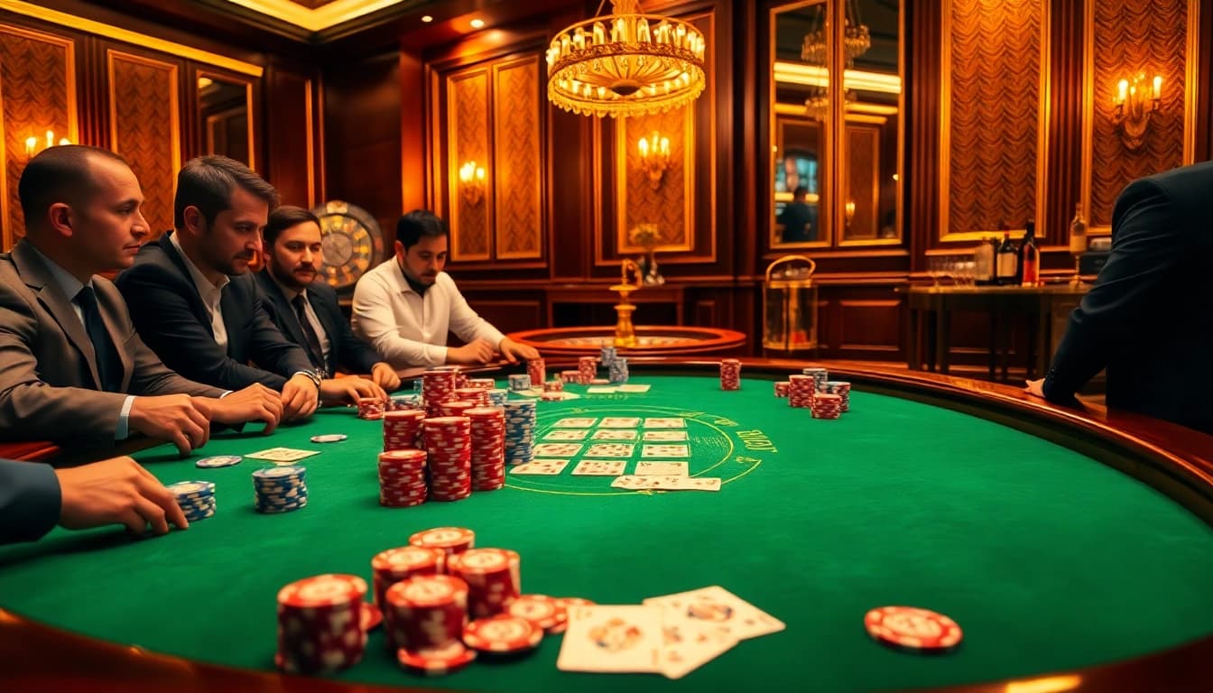 Players strategize at a high-stakes poker table in a luxurious casino featuring the 789P atmosphere.