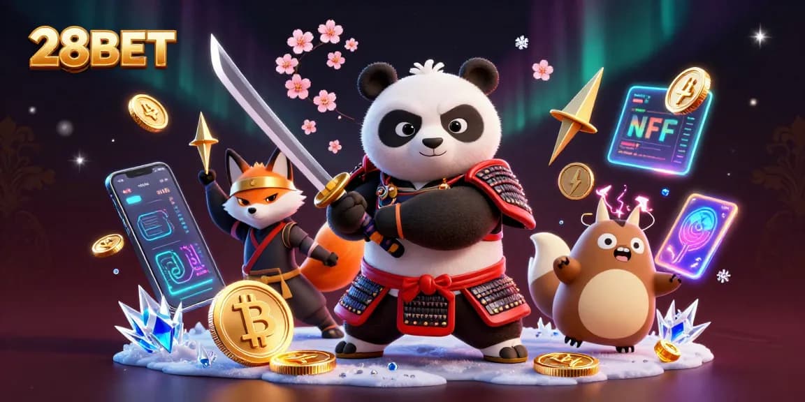 Engage with the dynamic world of 28BET, where samurai panda battles and gambling collide in this vibrant illustration.