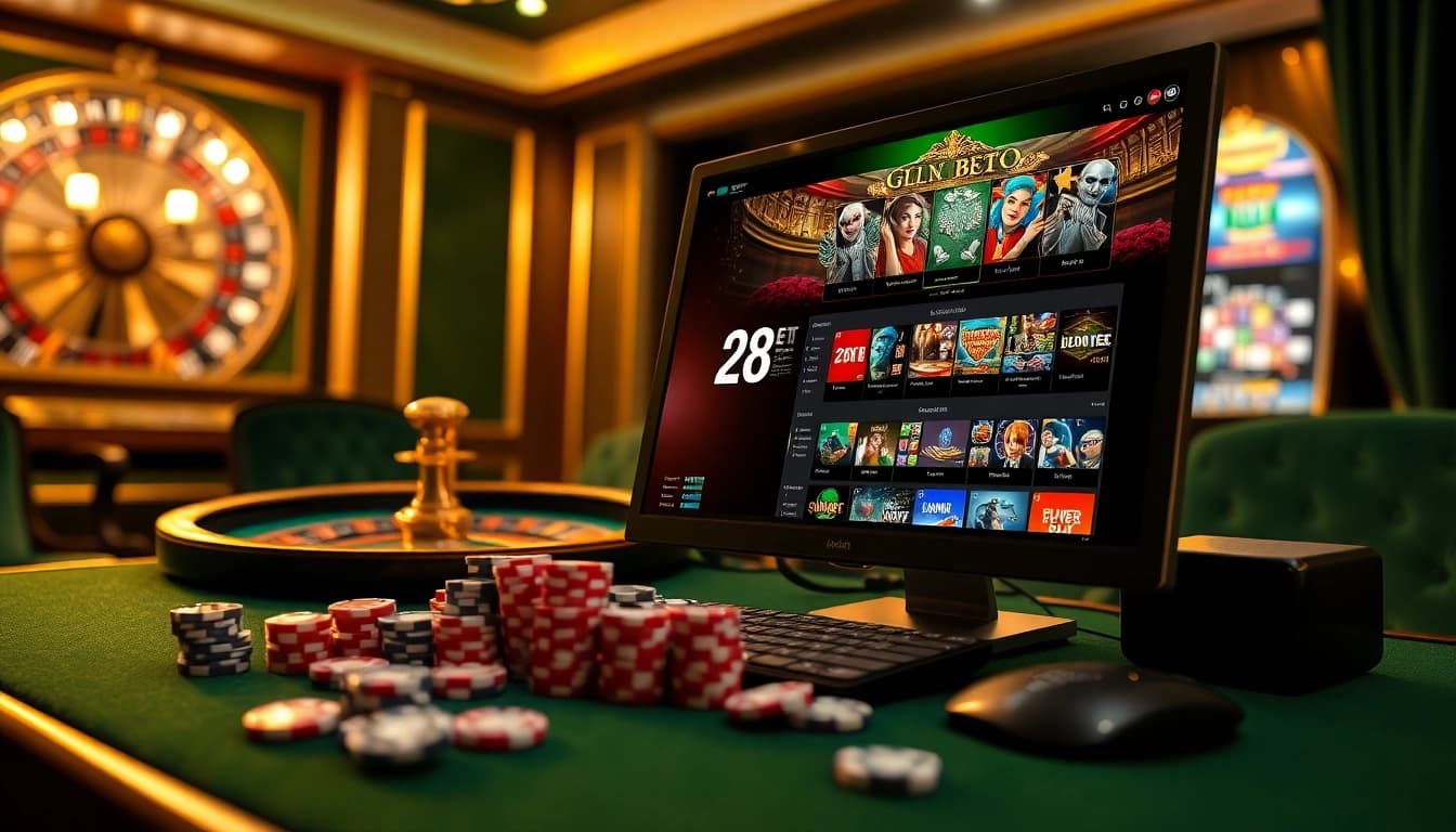 Engage with the vibrant 28BET interface, surrounded by poker chips and roulette excitement.