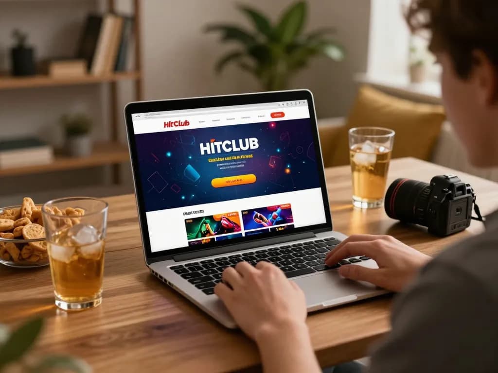 Hitclub online gaming setup with player enjoying poker on laptop at home, depicting engaging casino atmosphere.