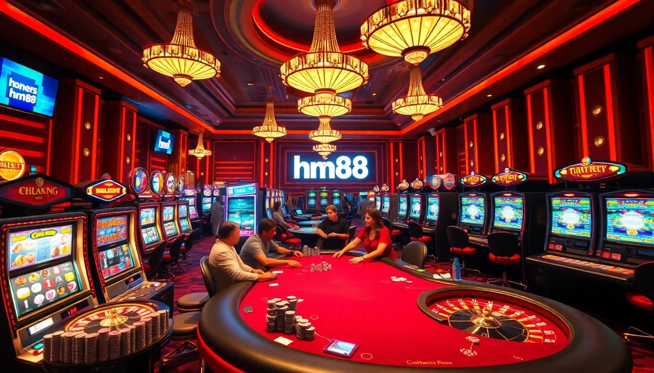 Players enjoying high-stakes games at a lively casino featuring hm88-themed decorations.