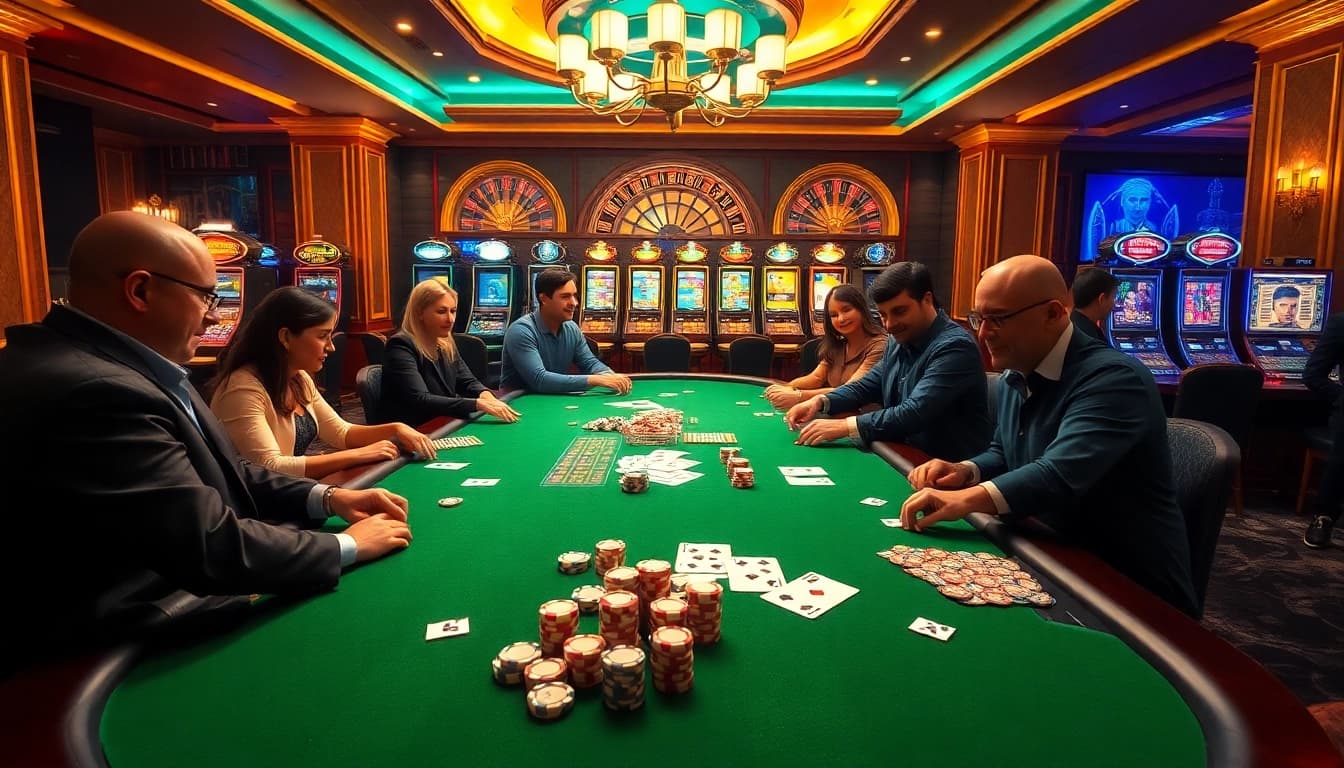 Exciting scene at win79 with players enjoying poker amidst a luxurious casino setting.