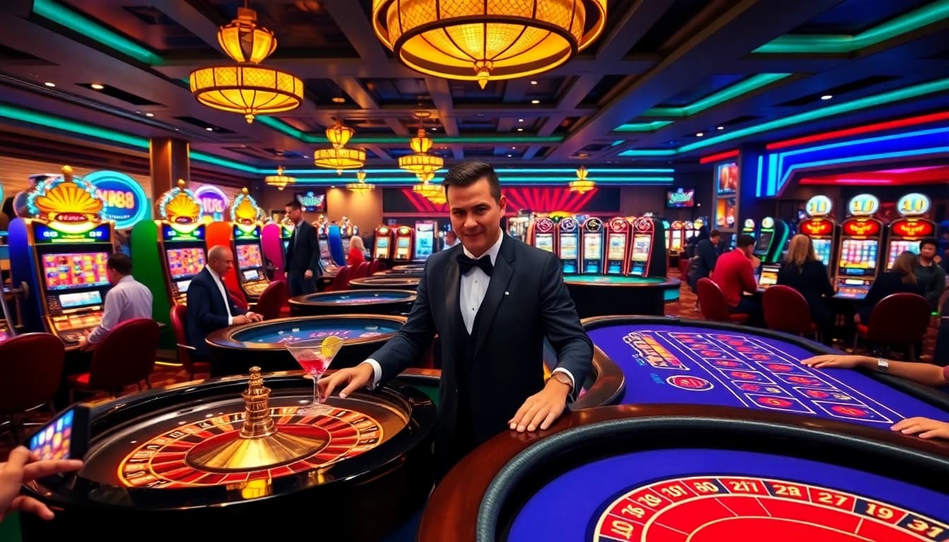 Players enjoying a thrilling gaming experience at NK88 casino with vibrant tables and slot machines.