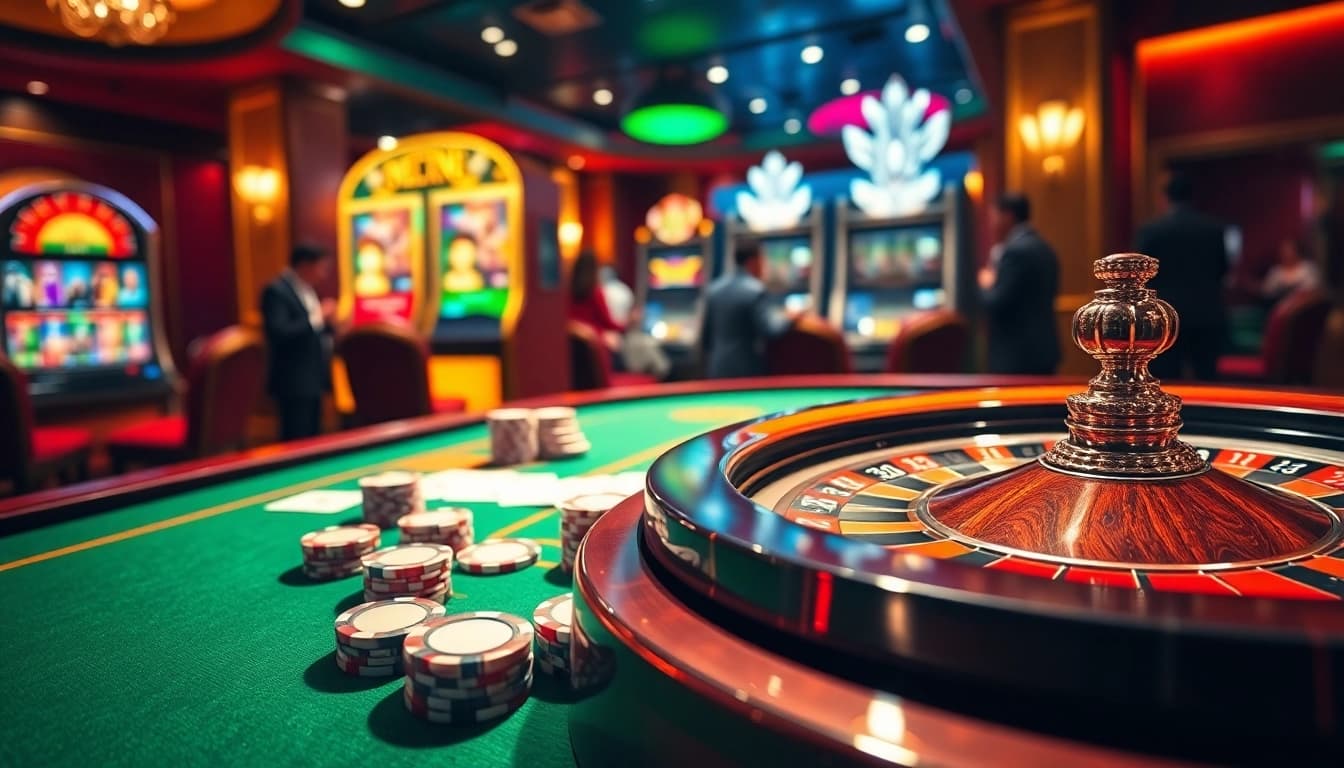 Engage with thrilling high-stakes action in this vibrant newphim-themed casino scene featuring poker chips and roulette.