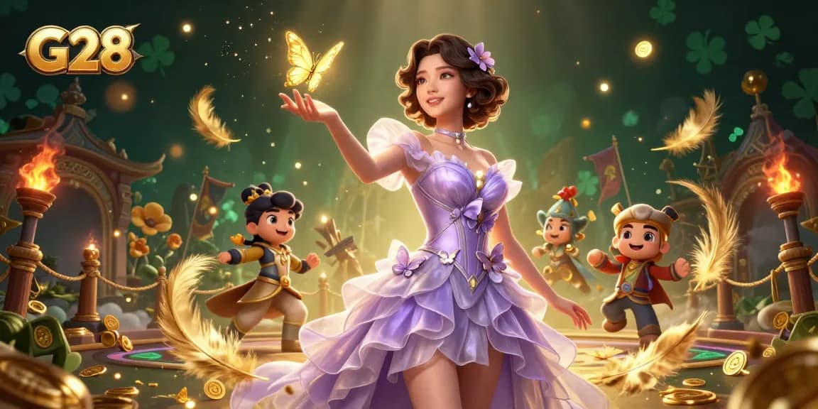 G28 casino excitement as a stunning Asian woman engages with golden butterflies in a vibrant 3D environment