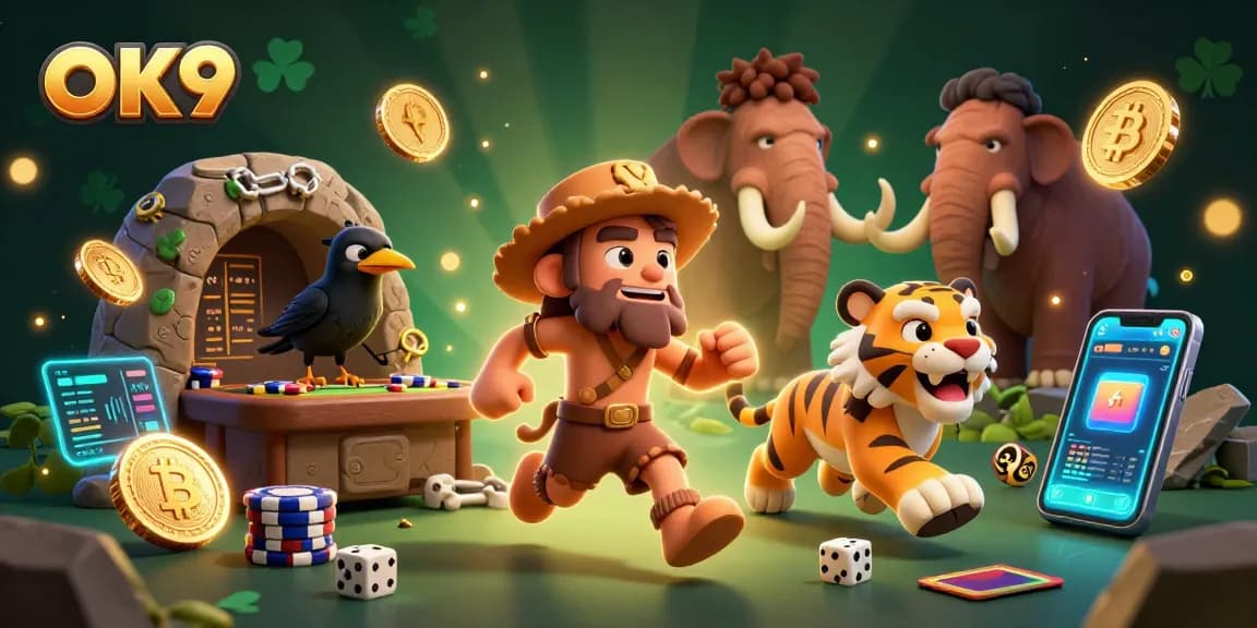Engage with OK9's interactive prehistoric casino, featuring unique characters and vibrant gambling elements.