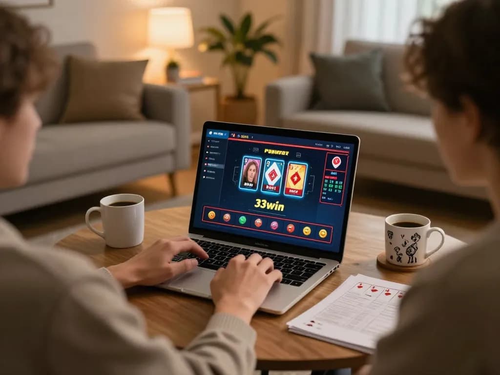 Playing casino games on 33win online in a cozy setting with laptop and notes for strategy.