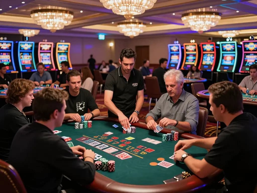 Players strategy at sun win blackjack table with dealer shuffling cards in elegant casino environment