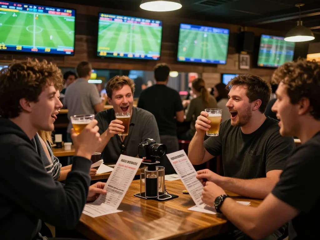 Live sports betting excitement with fans cheering for ผลบอล in a bustling bar atmosphere.