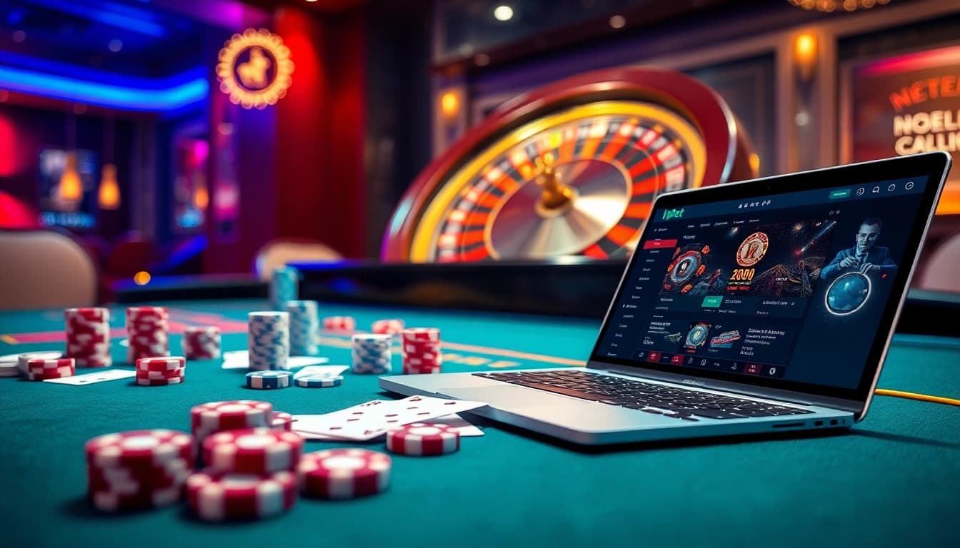 Intense gaming action at an i9bet online casino with vibrant poker chips and a spinning roulette wheel.