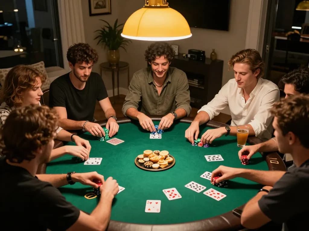 Engaging friends enjoying a poker night at home, showcasing the competitive spirit of LC88.
