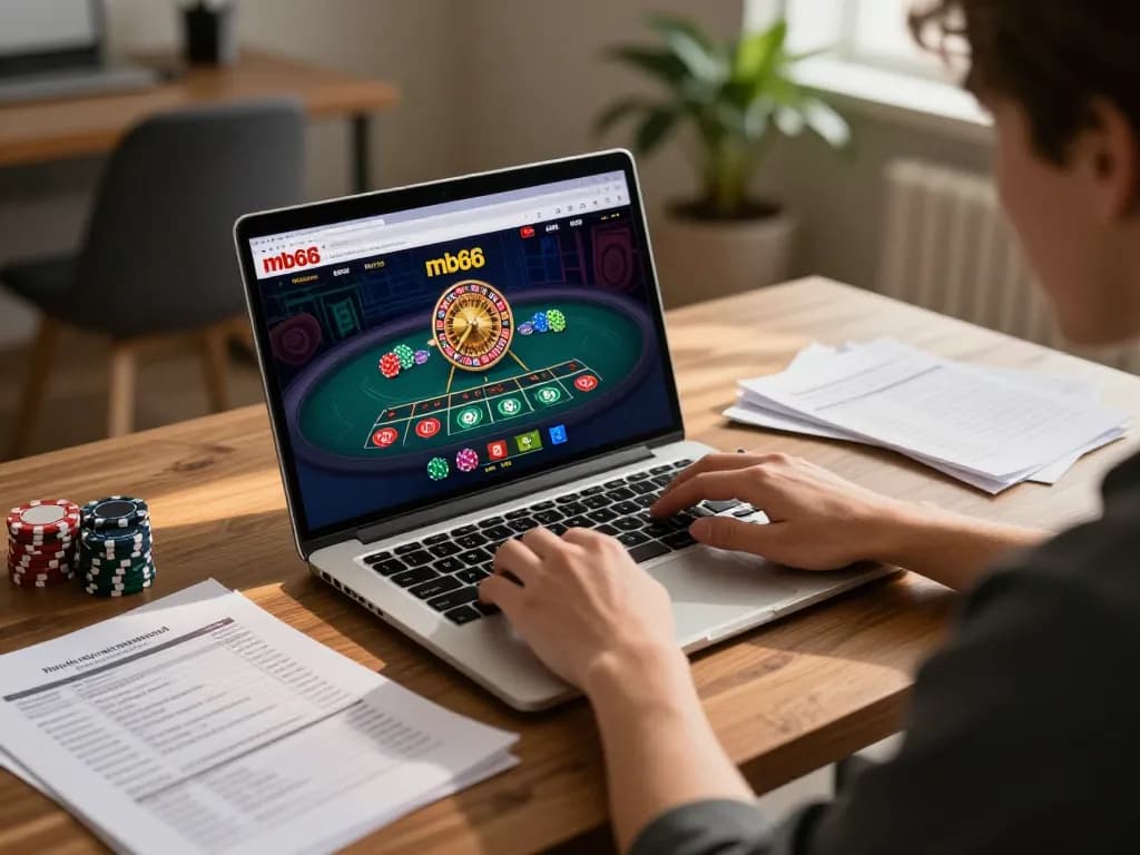 Player enjoying an mb66 roulette game on laptop at home, emphasizing strategic online gambling
