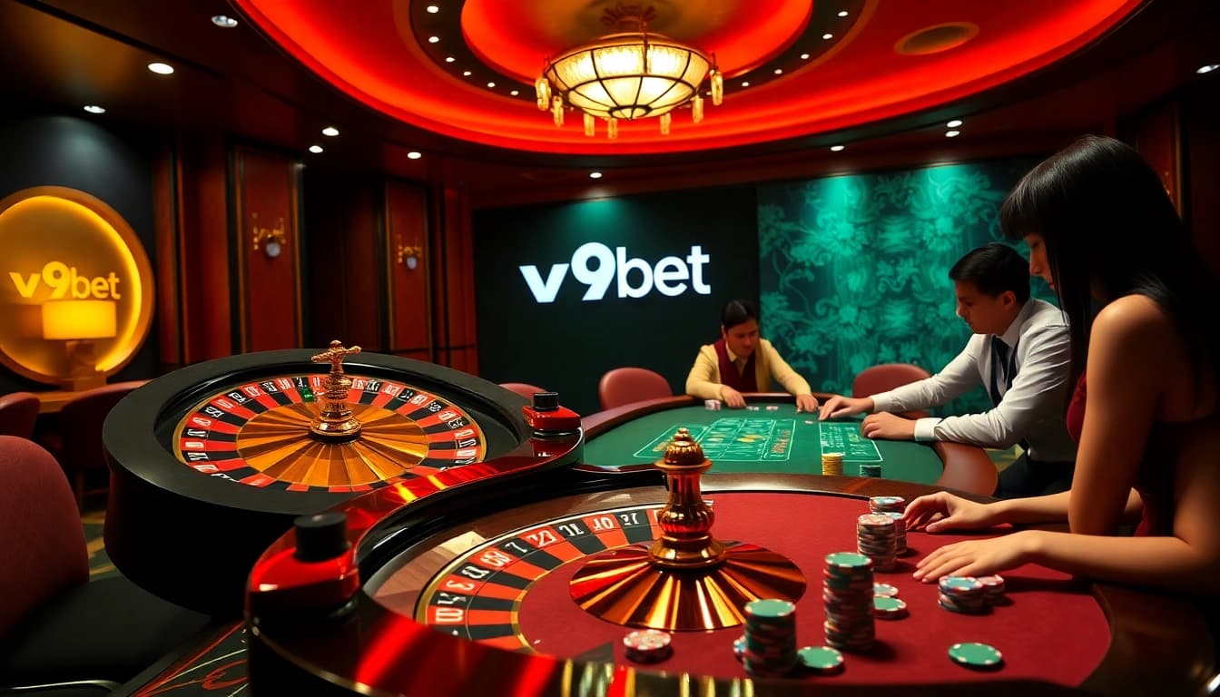 Experience excitement at v9bet with players engaged around a roulette wheel and poker table.