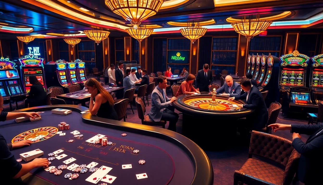 Thrilling gameplay at the Cổng game HITCLUB showcasing vibrant casino tables and poker action.